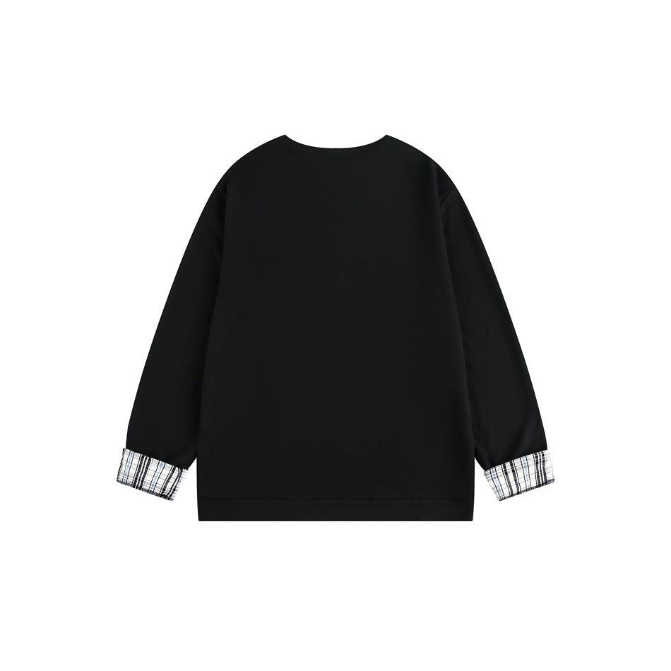 Back view of a black long-sleeve sweatshirt with plaid turned-back cuffs on a white background.