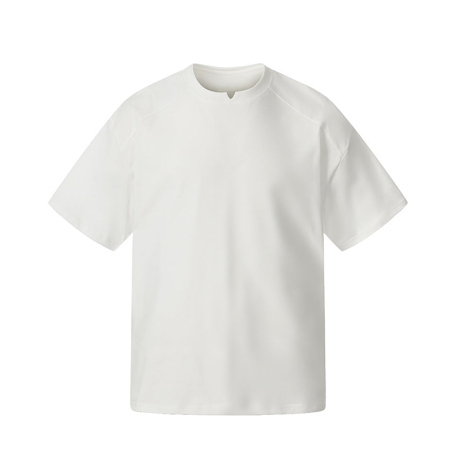 White short-sleeve T-shirt flat front view with round neck, V-notch and raglan-style shoulder seams