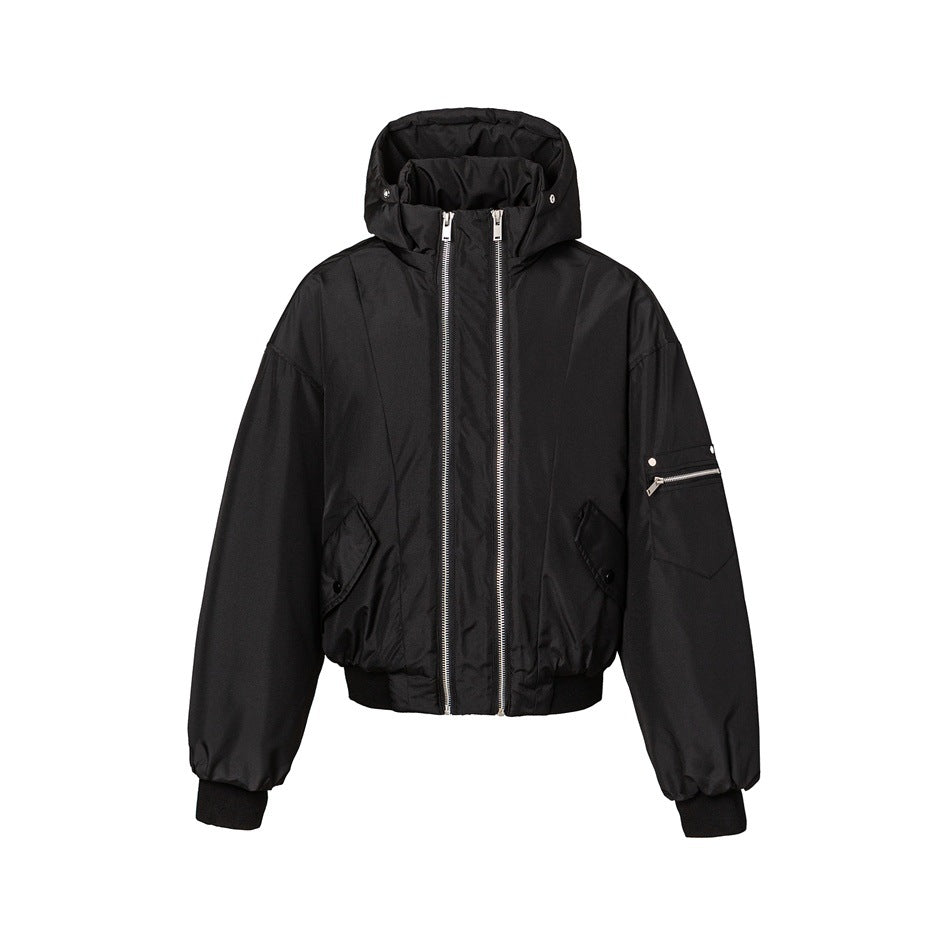 Black hooded bomber jacket with double front zippers, flap pockets, sleeve zip pocket and ribbed cuffs, flat front view