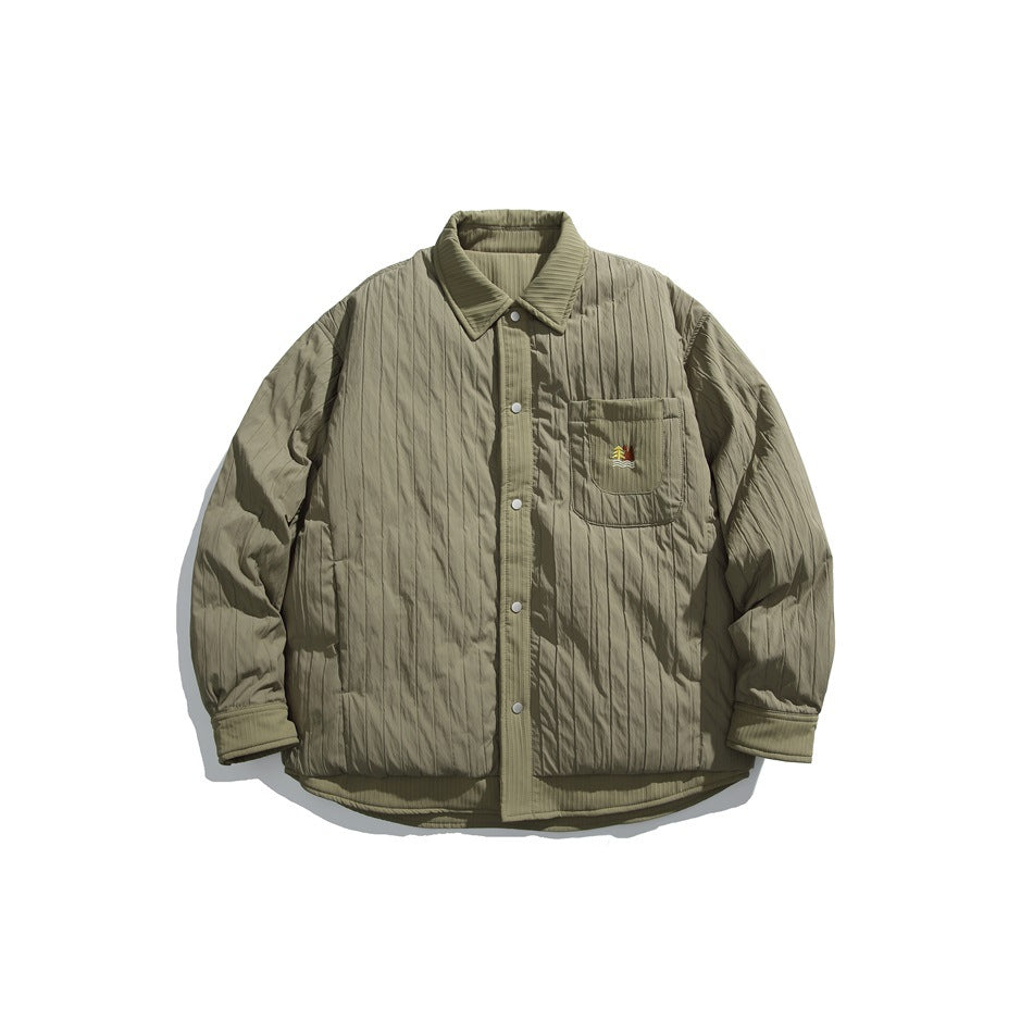 Army green quilted shirt-style jacket, flat front view with snap buttons and chest pocket