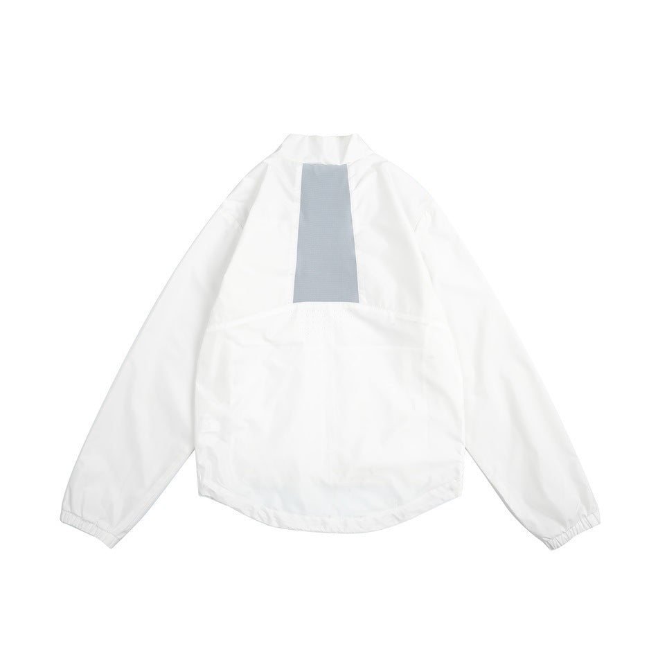 Back view of a white long-sleeve windbreaker laid flat, with a gray vertical panel below the collar.
