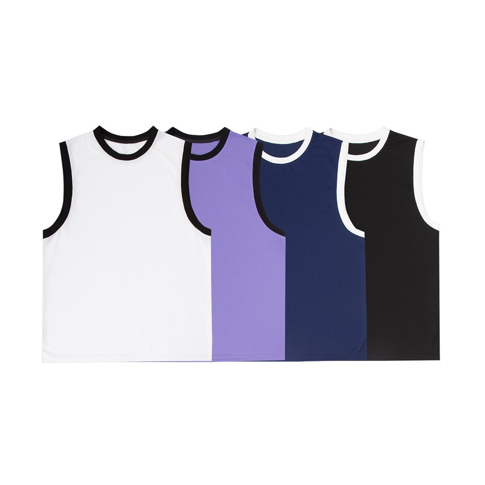 Four sleeveless contrast-trim tank tops in white, purple, navy blue and black laid out side by side