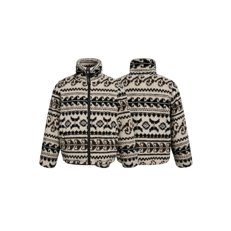 Beige and black geometric zip jacket shown from the front and back against a white background.