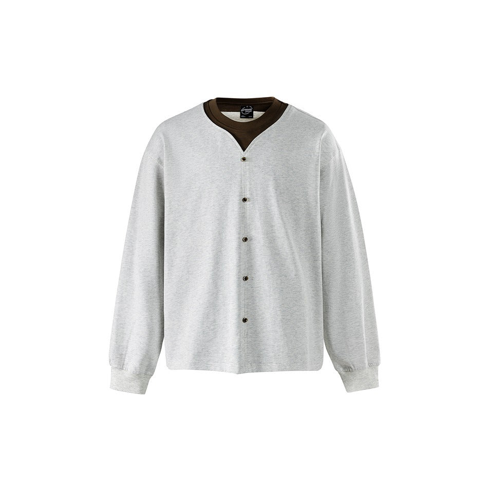 Heather gray long-sleeve top with brown layered collar and five dark buttons down the front, flat view