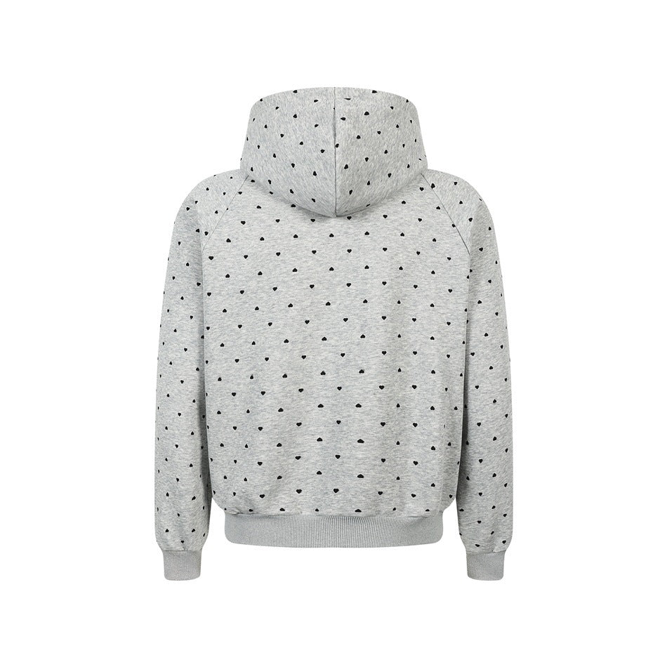 Back view of heather gray hoodie with black heart print, raglan sleeves, hood and ribbed cuffs and hem