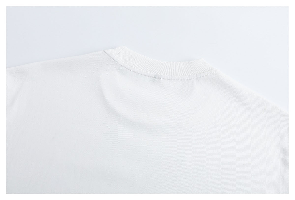 Close view of the plain white T-shirt's back neckline and upper back.