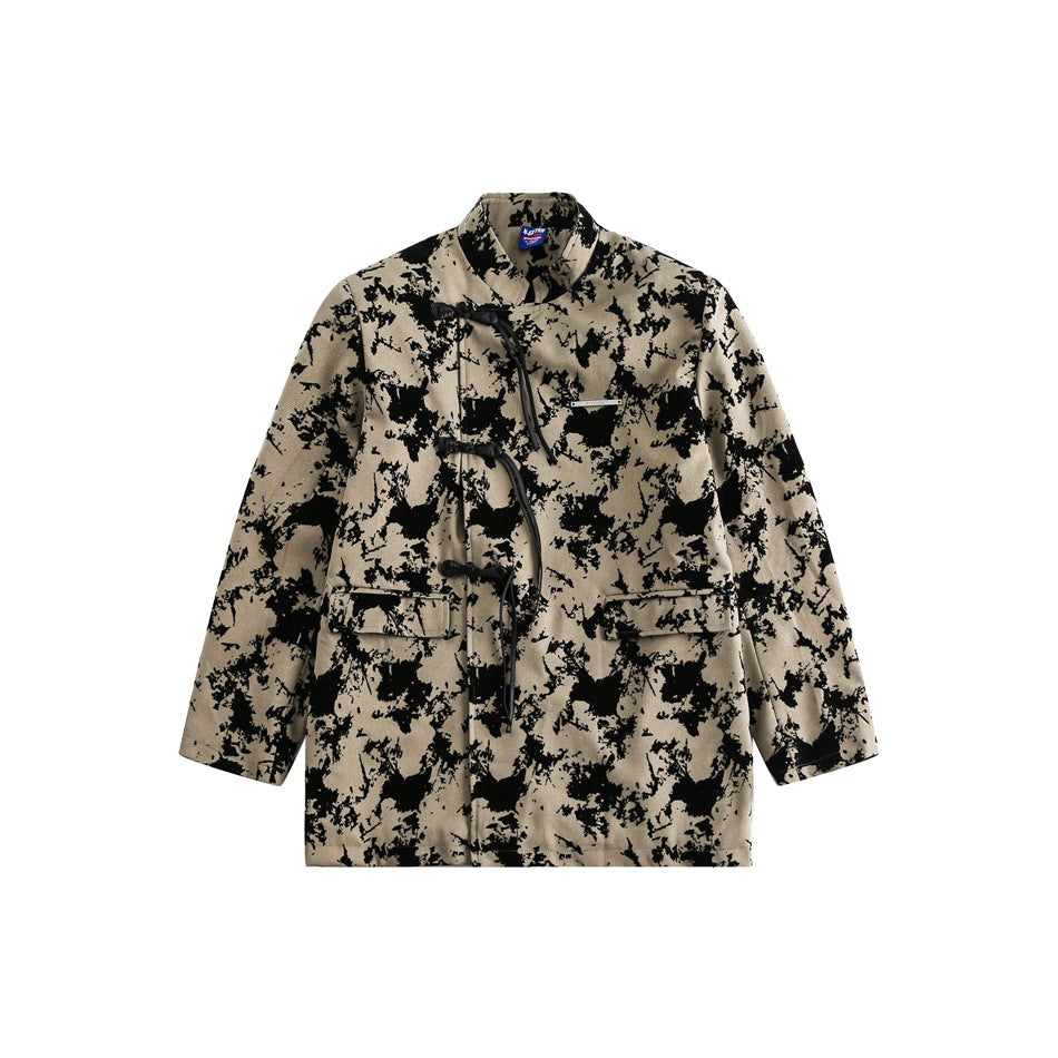 Khaki stand-collar jacket with black mottled print, knotted cord closures and two flap pockets, flat front view