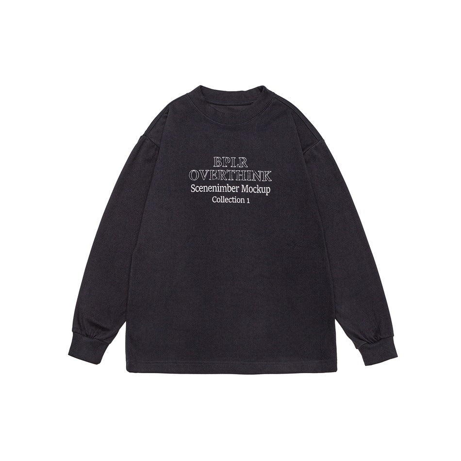 Dark gray long-sleeve crew neck sweatshirt flat lay with white chest lettering and ribbed cuffs