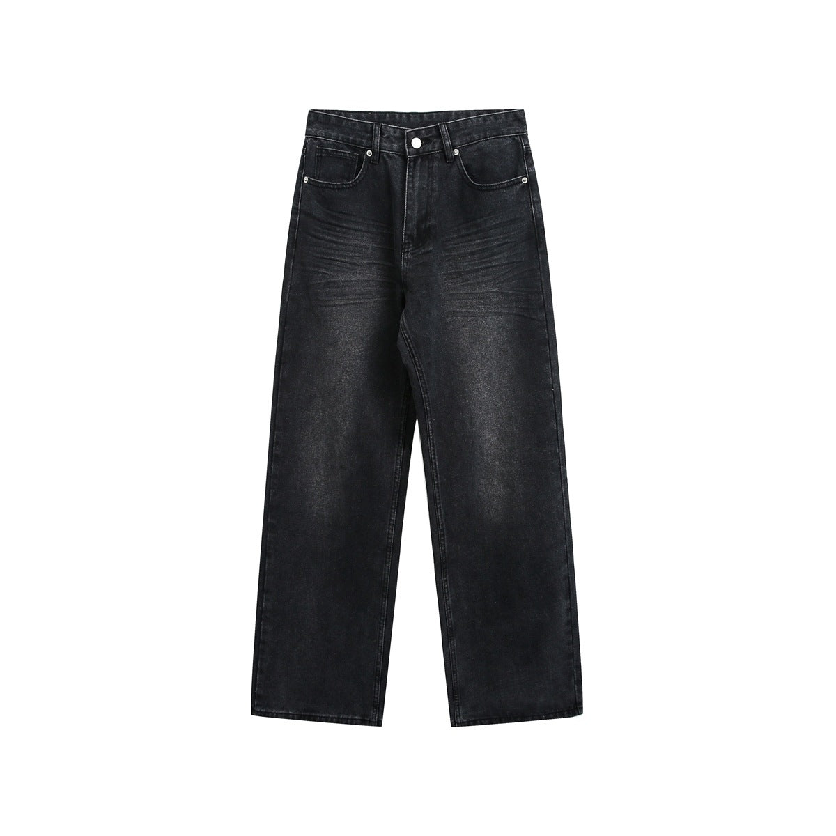 Black washed straight-leg denim jeans flat lay, front view, with faded whiskering and button fly