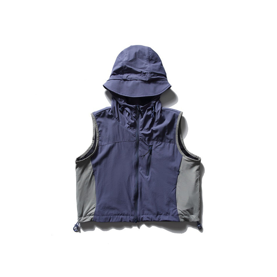 Purple hooded zip vest with gray side panels, chest zip pocket and hem toggles, flat lay front view