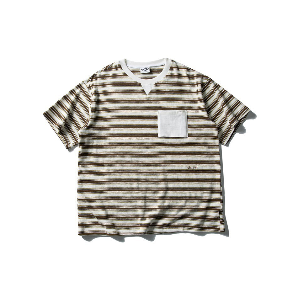 Flat-lay front of a cream, brown and olive striped short-sleeve T-shirt with cream collar and chest pocket