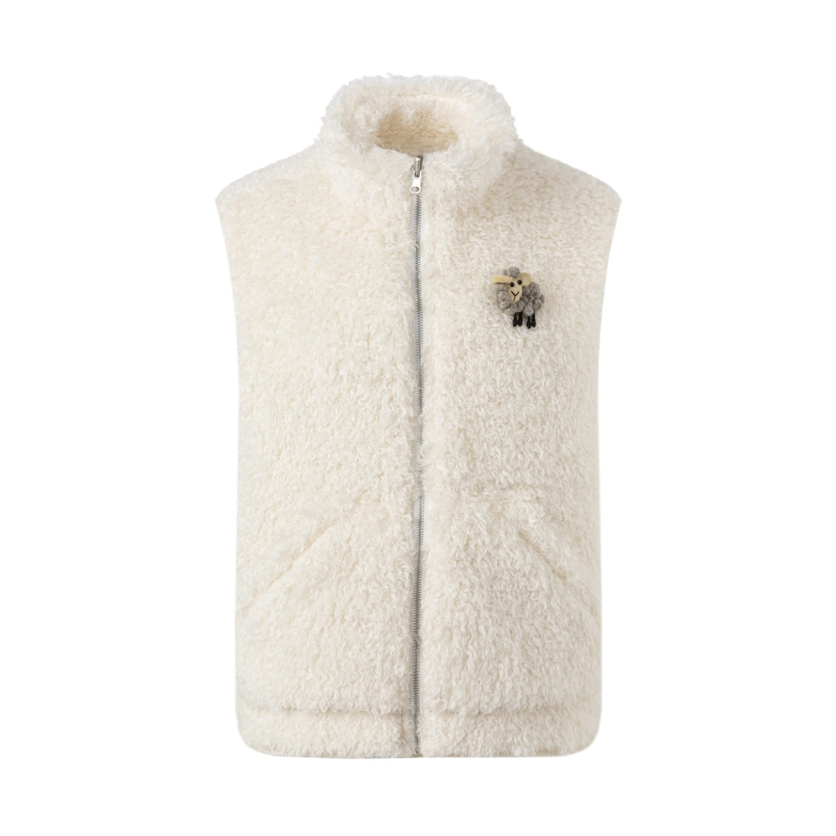 Cream fleece-textured sleeveless vest with stand collar, front zipper, slanted pockets and a small felted sheep brooch