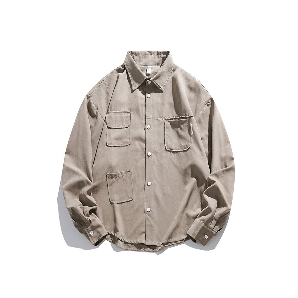 Light khaki long-sleeve button-up shirt with three patch pockets, flat lay front view