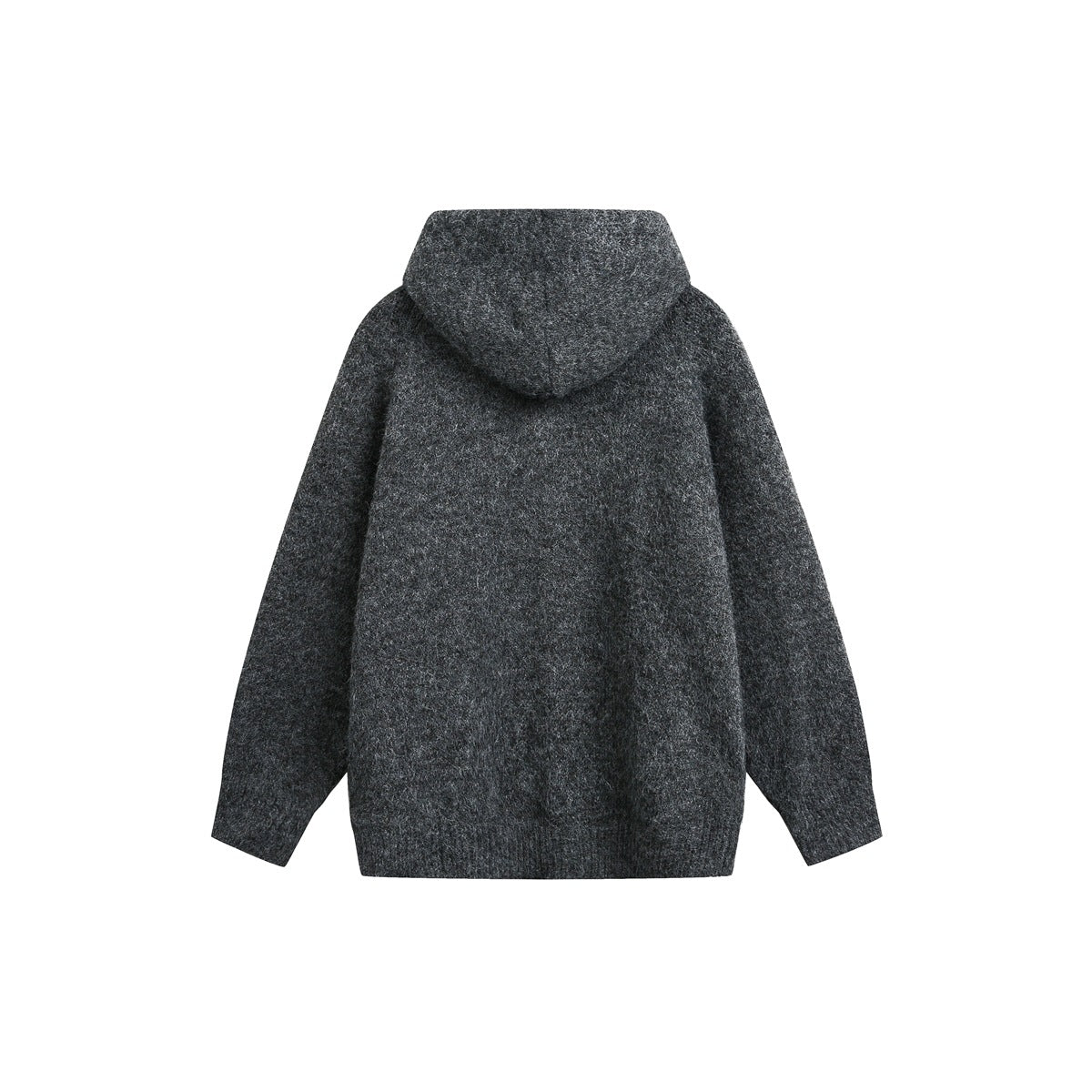 Back view of a charcoal hooded cardigan with long sleeves and a ribbed hem.