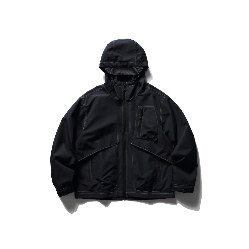 Black hooded zip-front jacket with contrast stitching, chest zip pocket and large flap pockets, flat front view