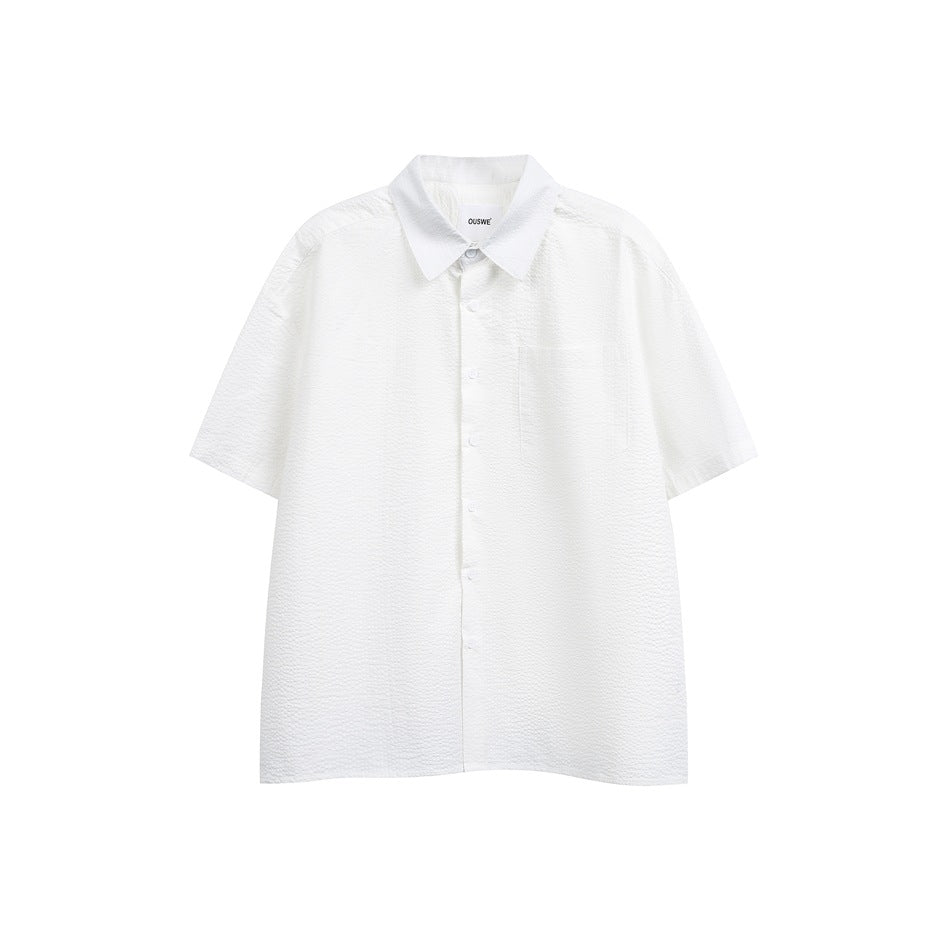 White short-sleeve button-up shirt with pointed collar and chest pocket, flat front view on a white background