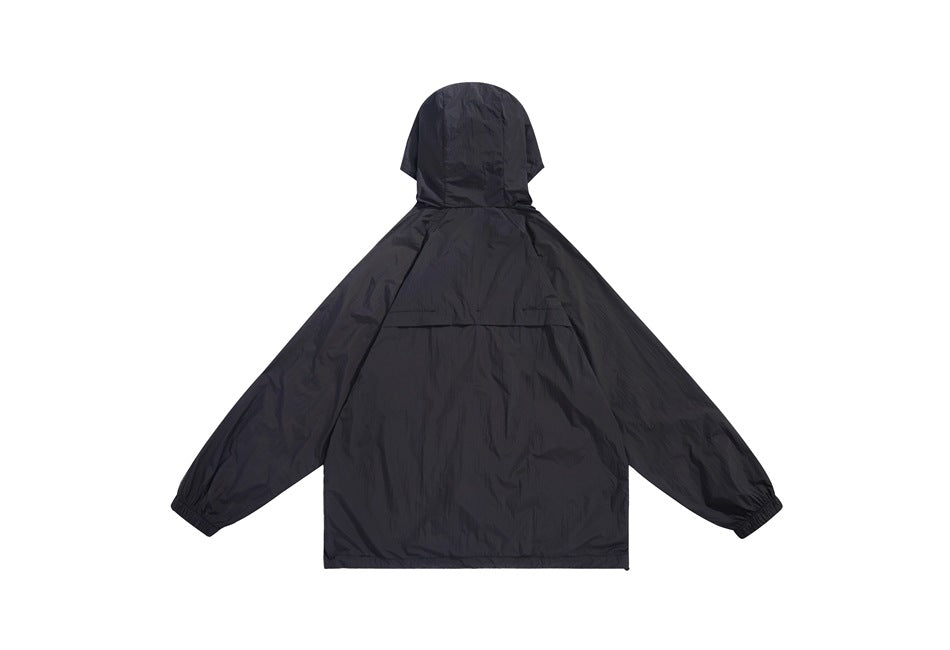 Back view of a black hooded jacket with long sleeves and a horizontal upper-back seam.