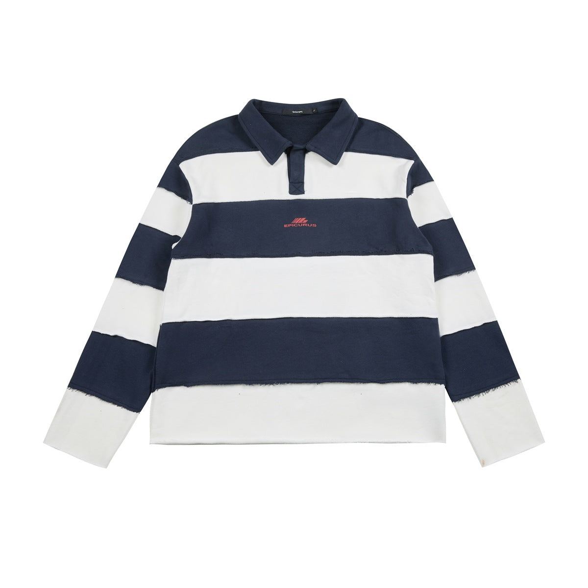 Front of navy blue and white wide-striped long-sleeve polo-collar pullover with raw-edge seams and red chest logo