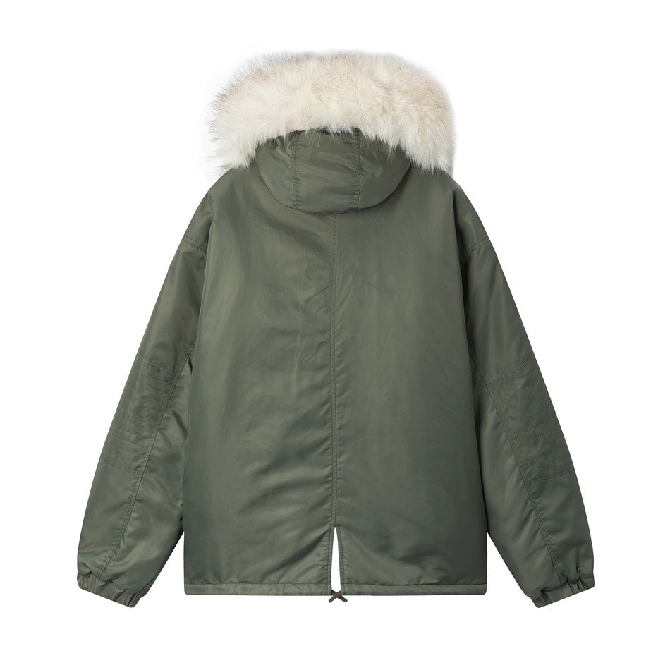 Back view of olive green hooded jacket with cream fur-style hood trim, sleeve patches and hem vent with drawcord