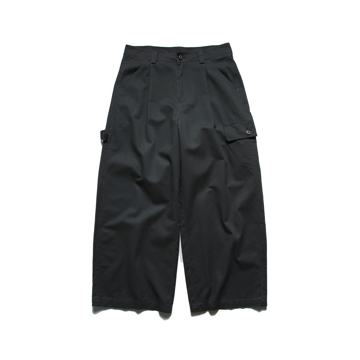 Dark gray wide-leg pants laid flat, front view, with pleat, button fly, and side flap pocket