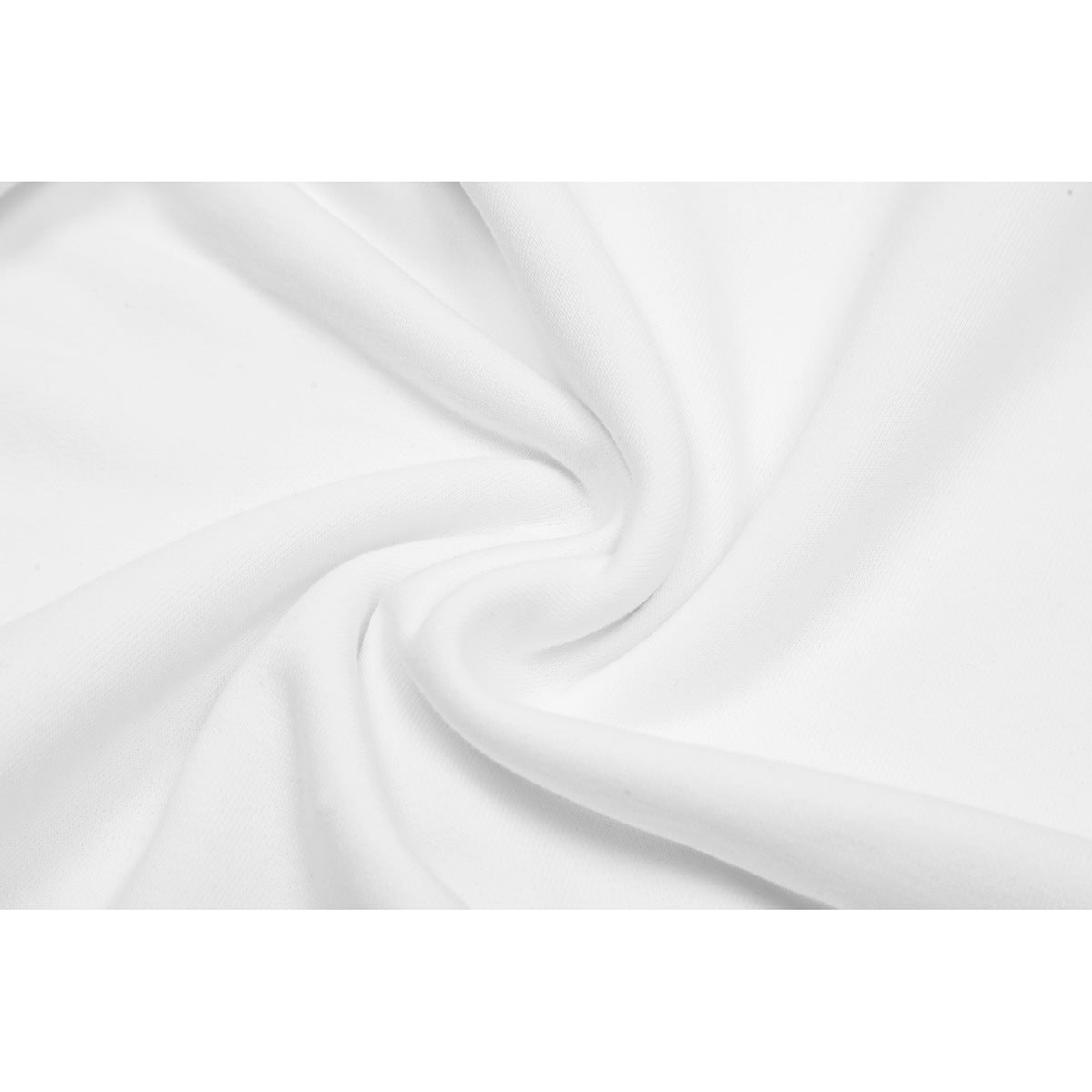Close-up of white sweatshirt fabric gathered into a soft spiral, showing its surface and folds.