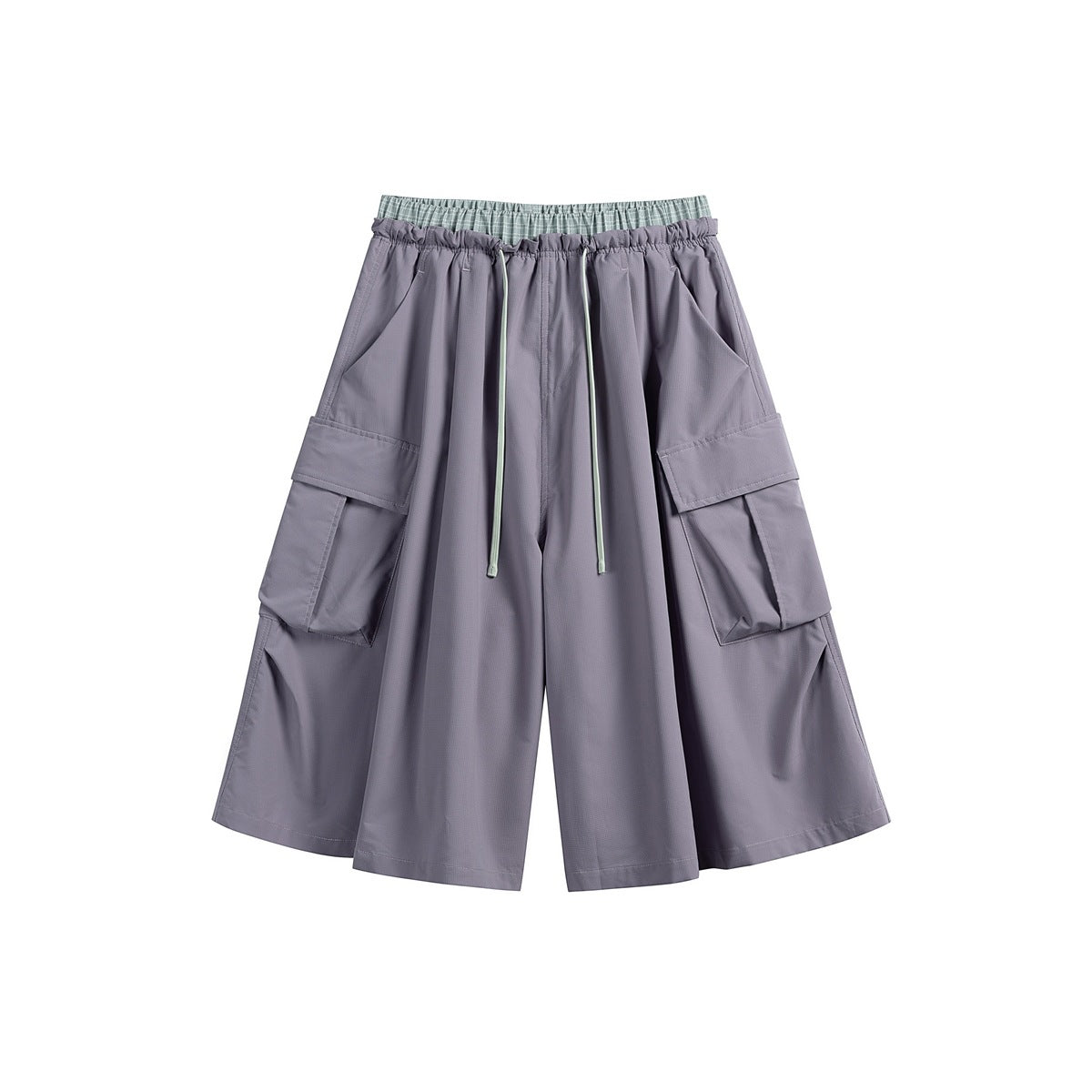 Grayish purple knee-length wide-leg cargo shorts with drawstring waist, plaid inner waistband and flap pockets