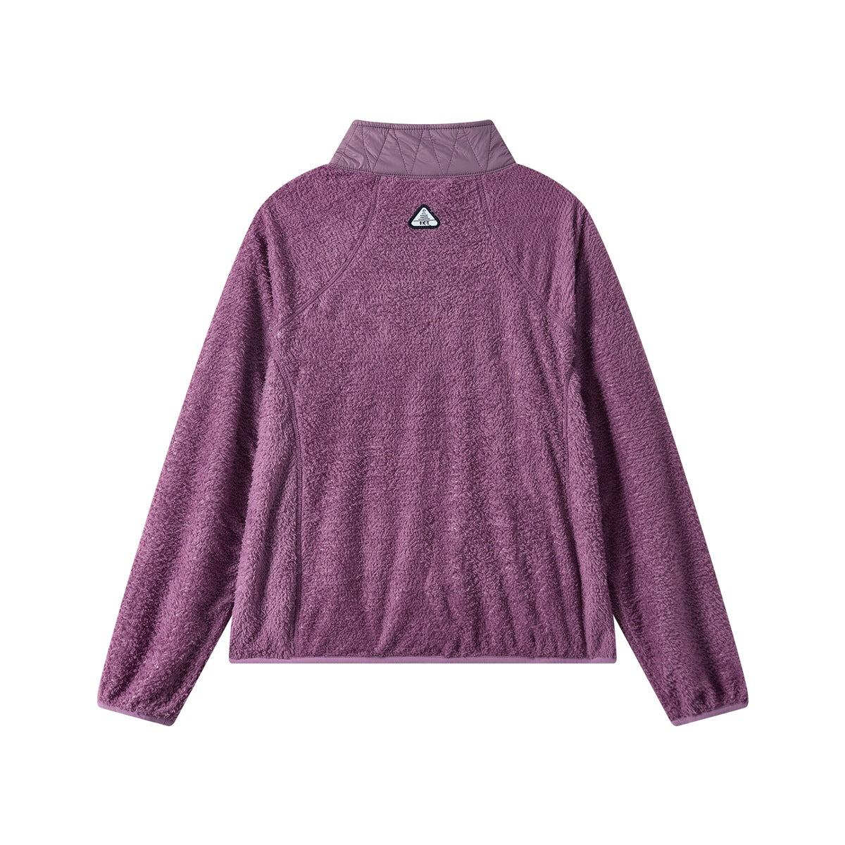 Back view of a mauve fleece pullover with a quilted matching stand collar and a small triangular patch.