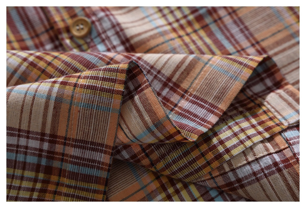 Close-up of the plaid shirt collar, showing its folded shape, checked pattern, and stitching.