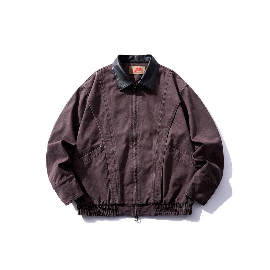 Washed brown-red zip-front jacket with black leather-look collar, flat lay front view