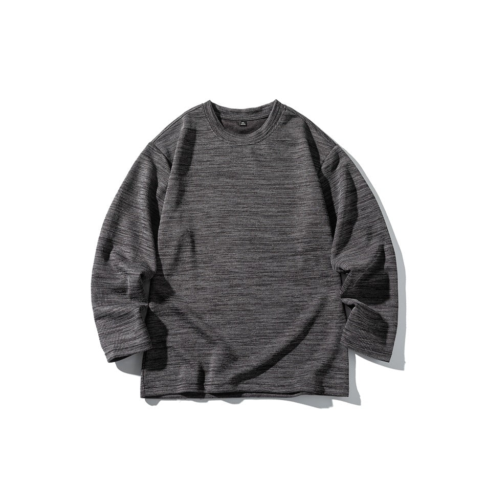 Black-gray heathered long-sleeve crew-neck pullover laid flat, front view