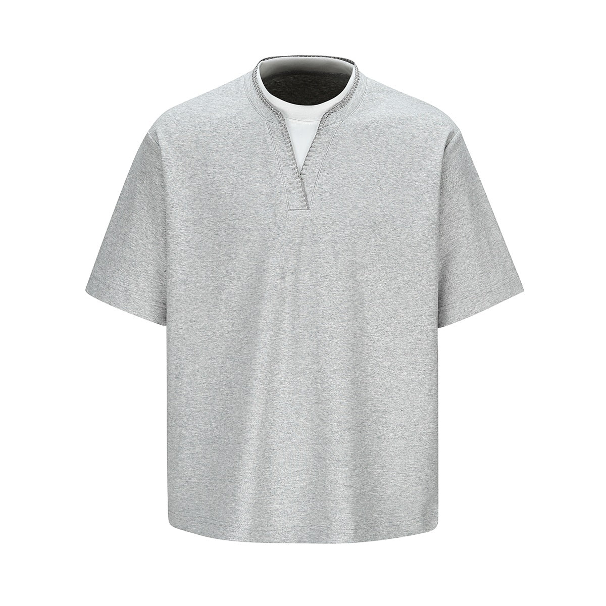 Heather gray short-sleeve T-shirt with notched V-neck, white under-layer and contrast edge stitching, flat front view