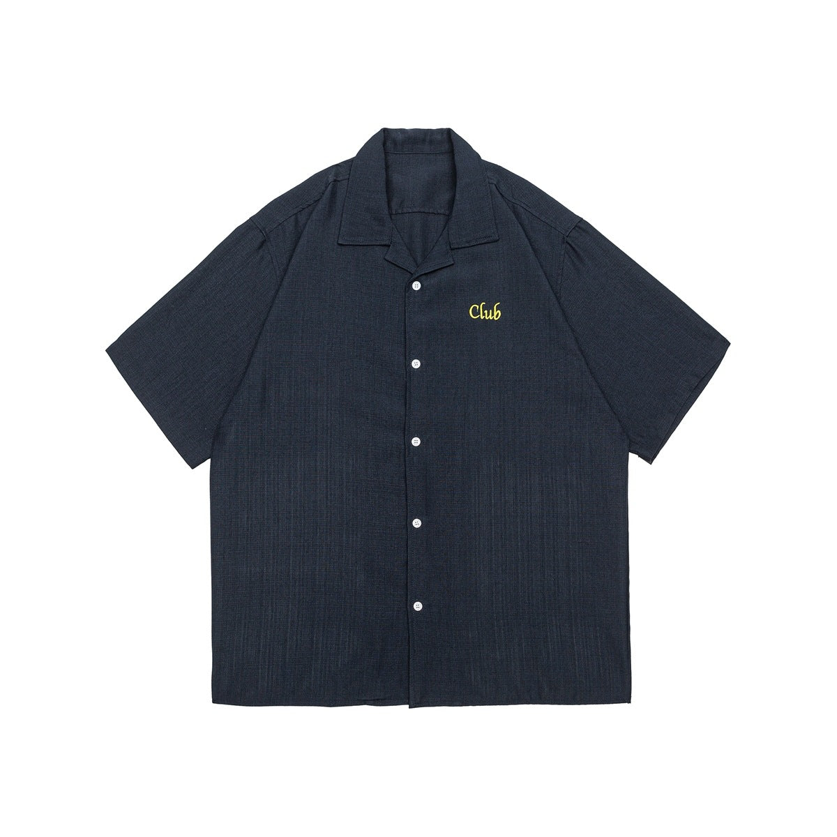 Navy short-sleeve camp-collar button-up shirt with yellow 'Club' embroidery on the chest, flat front view
