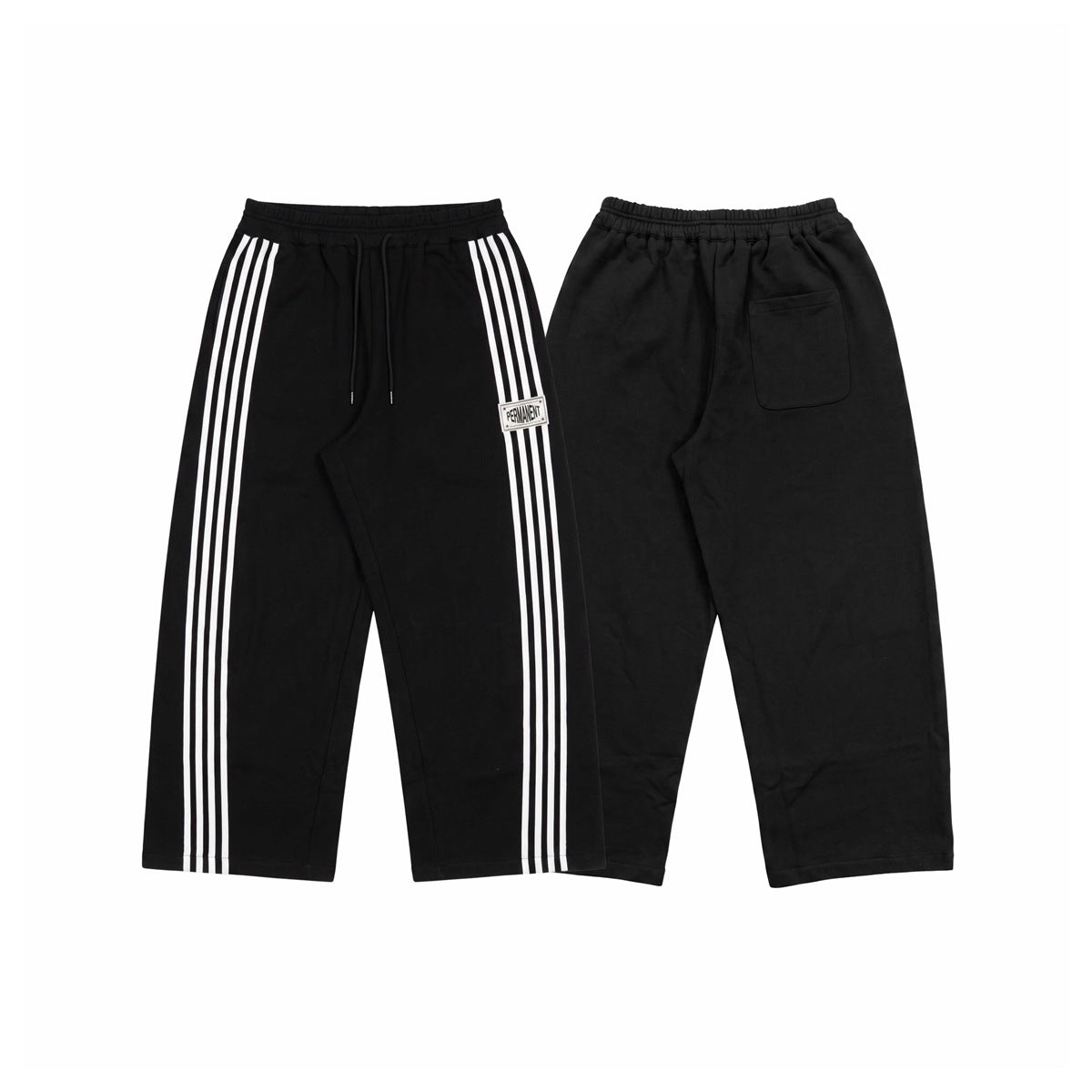 Black wide-leg pants shown from the front and back; the front has white side stripes and a drawstring, and the back has a