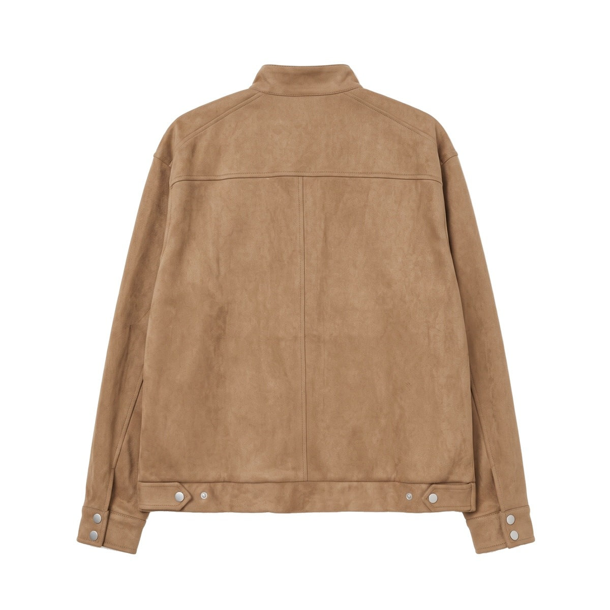 Back view of a tan jacket laid flat, showing a stand collar, panel seams, snap cuffs, and adjustable hem tabs.