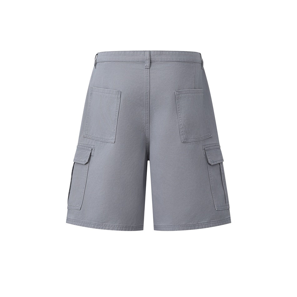 Back view of light gray cargo shorts with two rear patch pockets and flap cargo pockets on the sides.