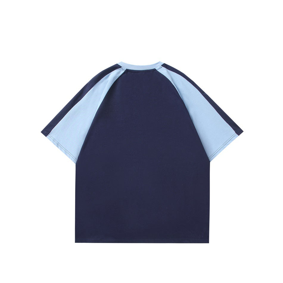 Back view of a navy T-shirt with pale blue raglan sleeves and narrow navy accents along the sleeves.