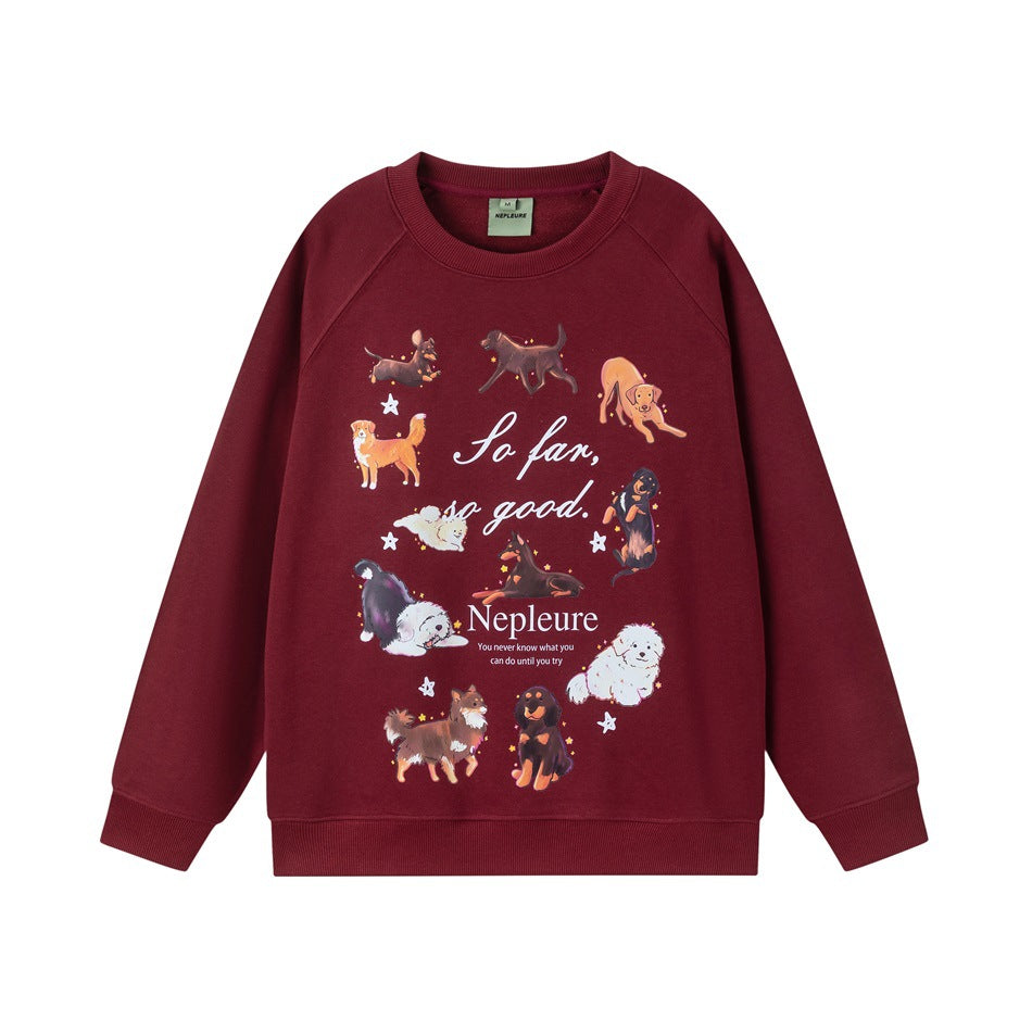 Burgundy raglan crew neck sweatshirt with illustrated dogs and 'So far, so good.' print on the front