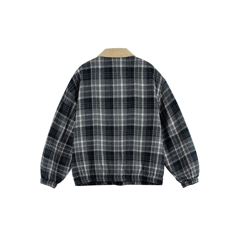 Back view of dark gray plaid jacket with tan corduroy-style collar, elastic cuffs and elastic hem