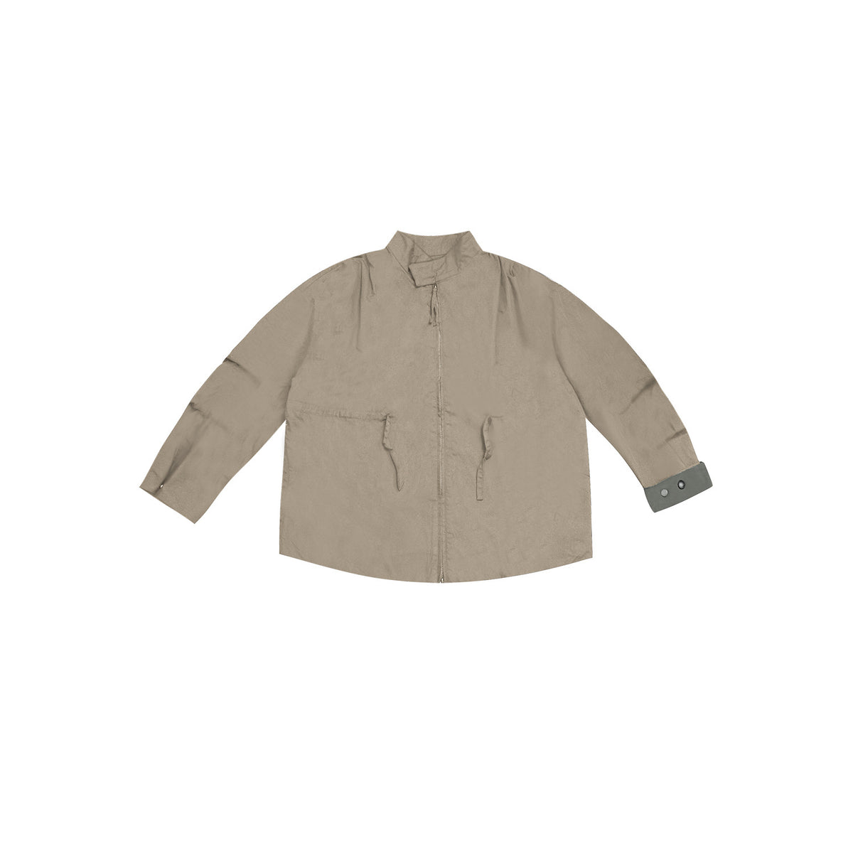 Khaki stand-collar zip jacket flat lay with waist tabs and a folded cuff showing an olive snap lining