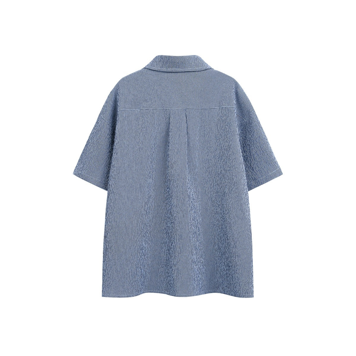 Back view of a blue-and-white check short-sleeve button-up shirt with a center back pleat.