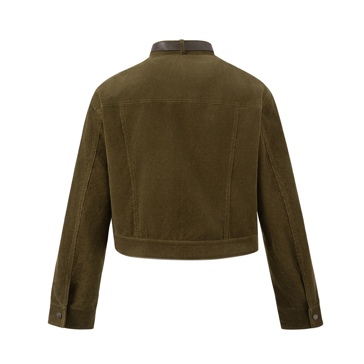 Back view of an olive-brown corduroy jacket with a short stand collar, brown collar tab, long sleeves and snap cuffs.