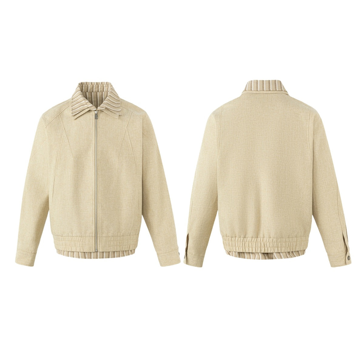 Pale beige zip-front jacket shown from the front and back, with striped collar and hem details.