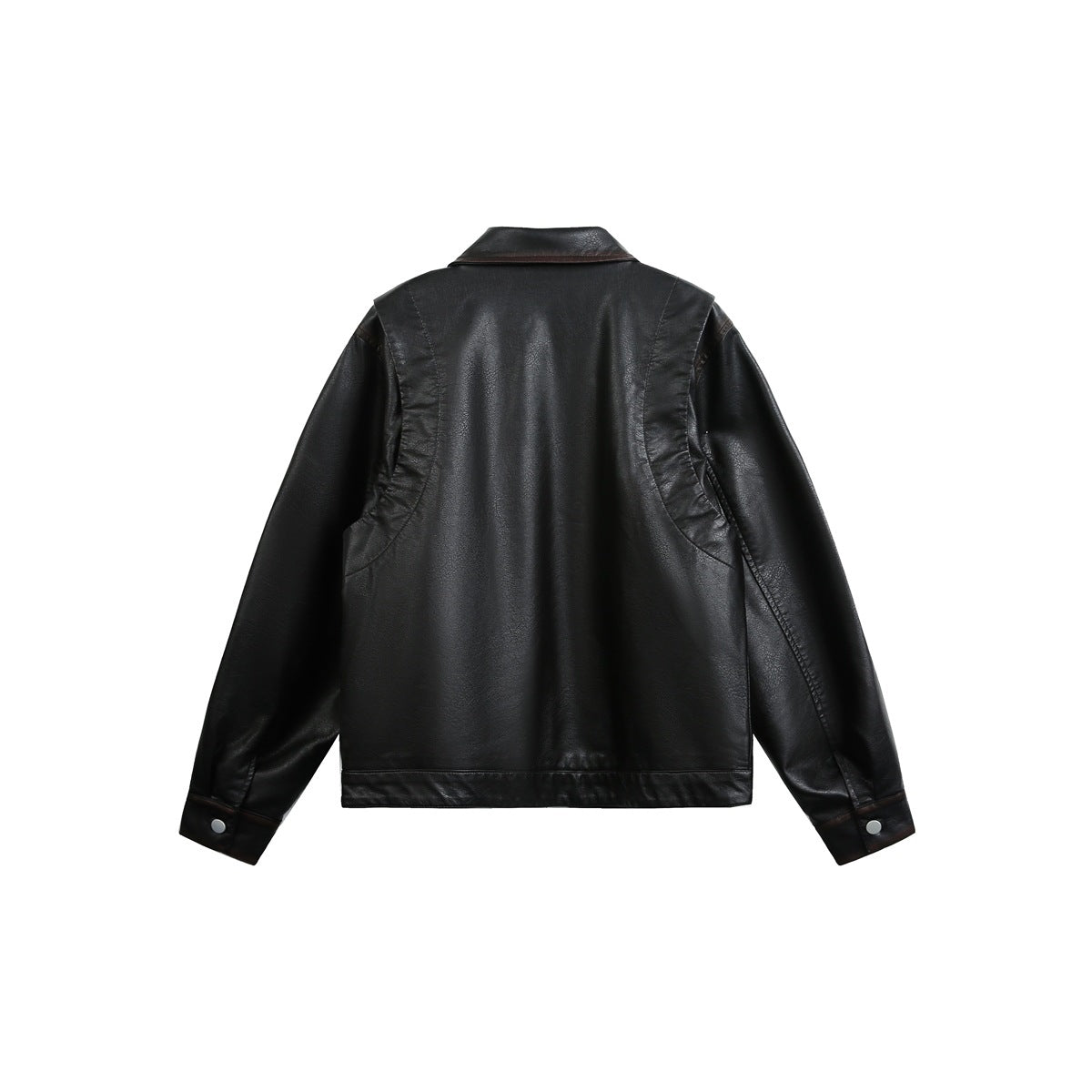 Back view of a black collared jacket with long sleeves, seam detailing, and snap-button cuffs.