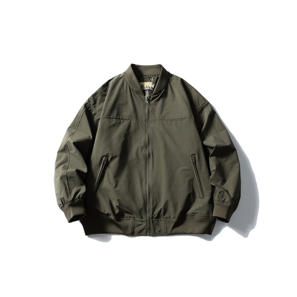 Army green zip-front bomber jacket with ribbed collar, cuffs and hem, and slanted zip pockets, flat lay front view