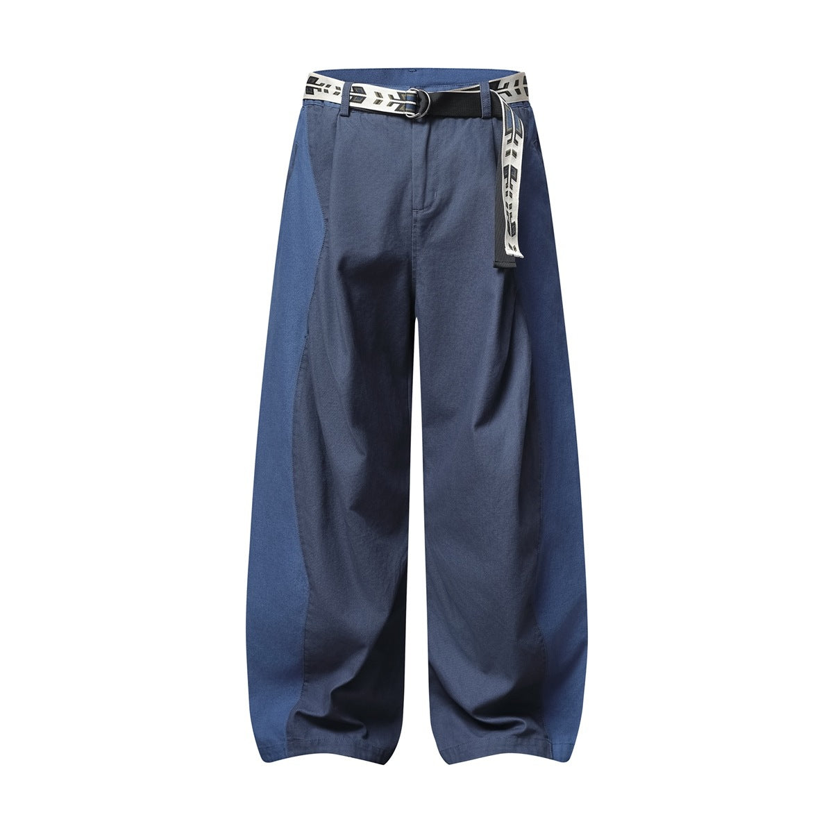 Blue wide-leg pants with tonal side panels, flat front, fly closure and white and black patterned belt, front view