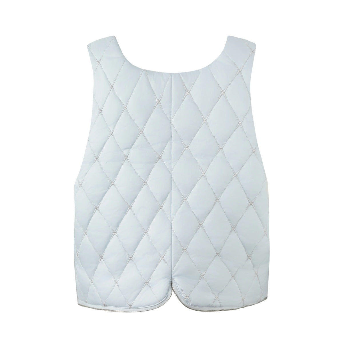 Back view of a pale blue sleeveless vest with diamond quilting and a rounded neckline.