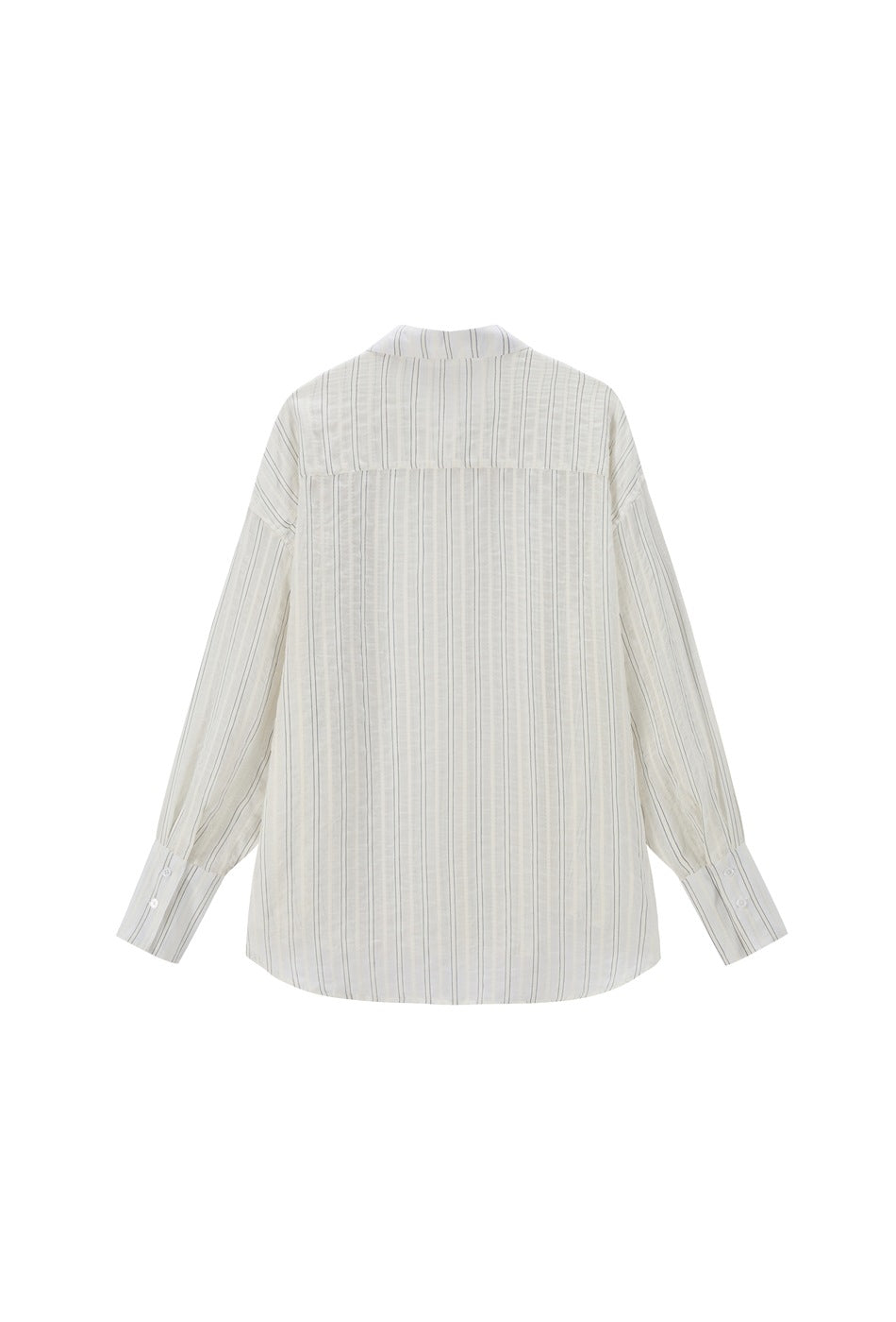 Back view of white pinstripe long-sleeve shirt with yoke seam, button cuffs and curved hem, flat lay