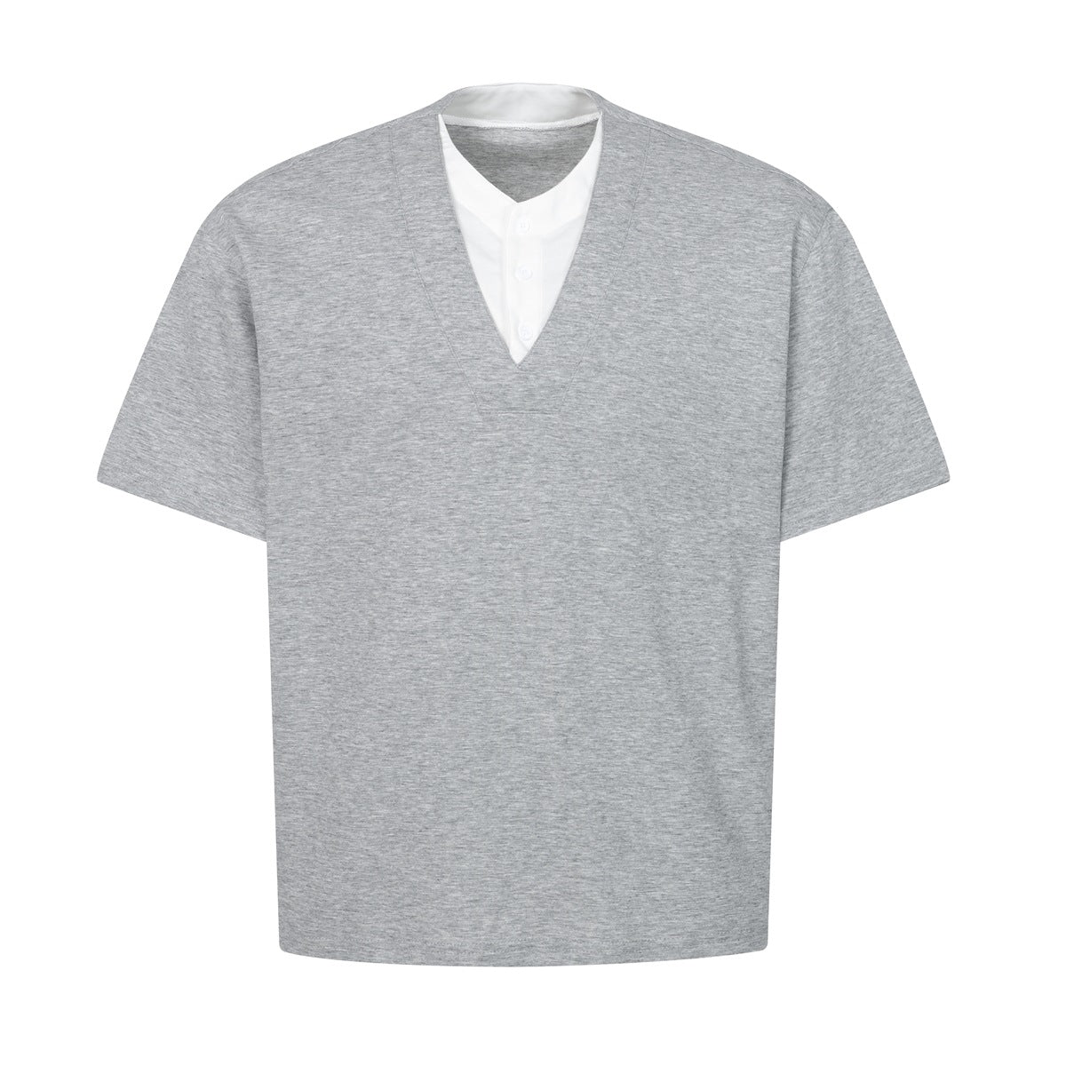 Heather gray short-sleeve V-neck T-shirt with white layered button-placket collar insert, front flat view