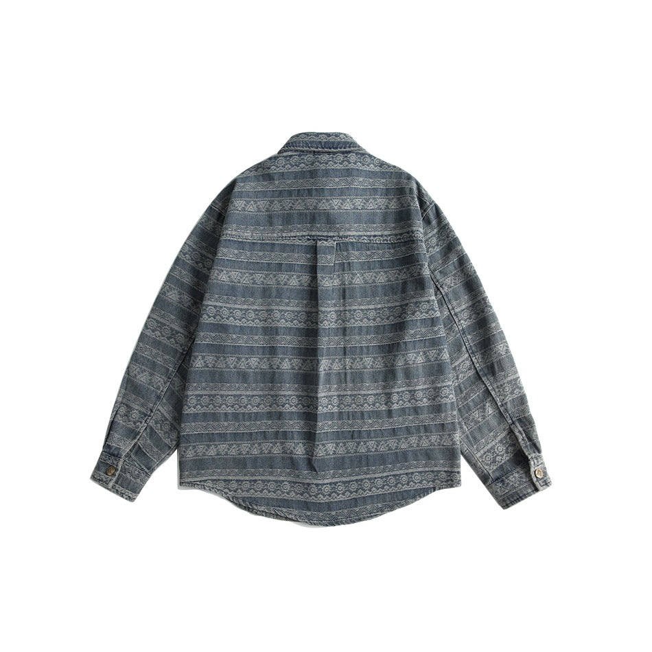 Back view of denim-blue jacquard-striped long-sleeve shirt with back yoke, center pleat and buttoned cuffs