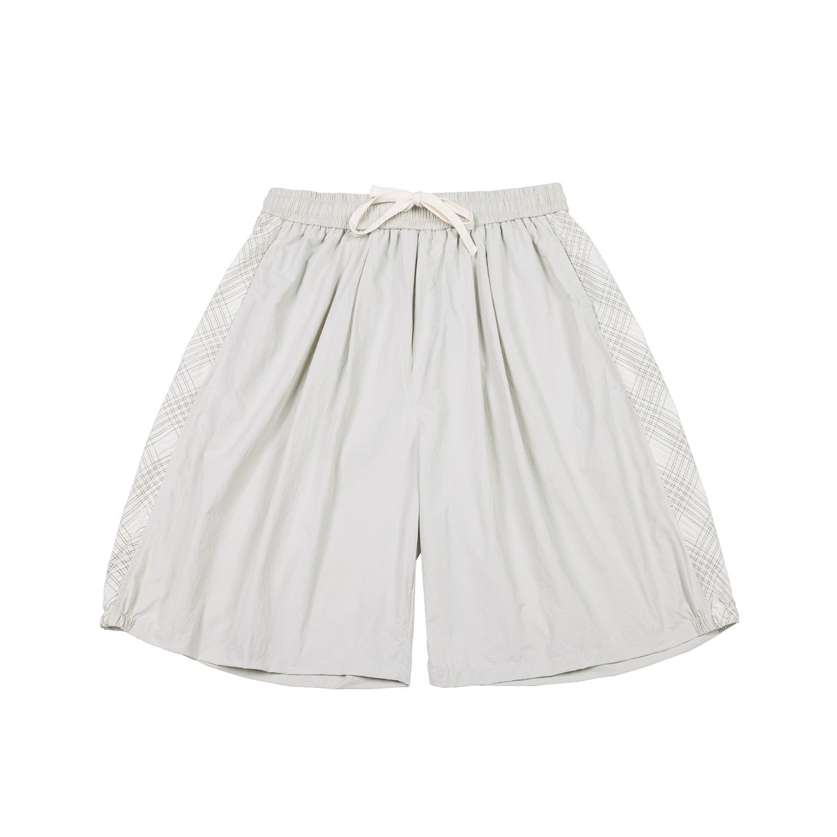 Front view of pale gray wide-leg shorts with an elastic drawstring waist and thin plaid side panels.